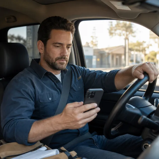 El técnico al volante revisa la ruta del día en su teléfono antes de arrancar