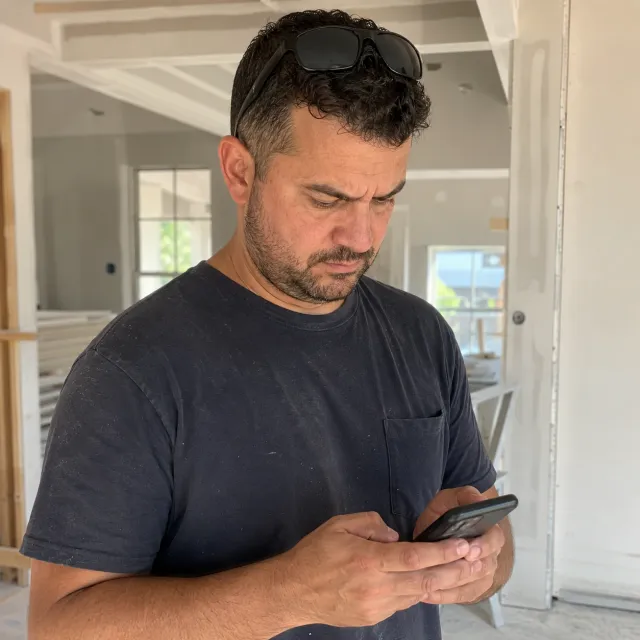 El técnico mira en su teléfono las fotos del equipo que le mandó un cliente