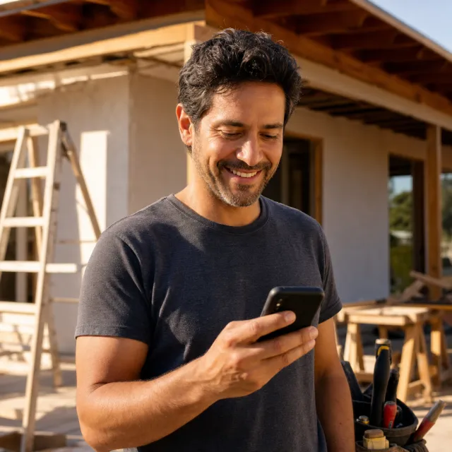 El técnico sonríe al ver una buena reseña de un cliente en su teléfono